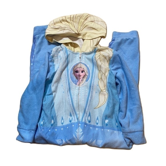 Disney Elsa Sleep Suit Onesie Sz 4 Full Zip Hooded Frozen Blue - Picture 1 of 4